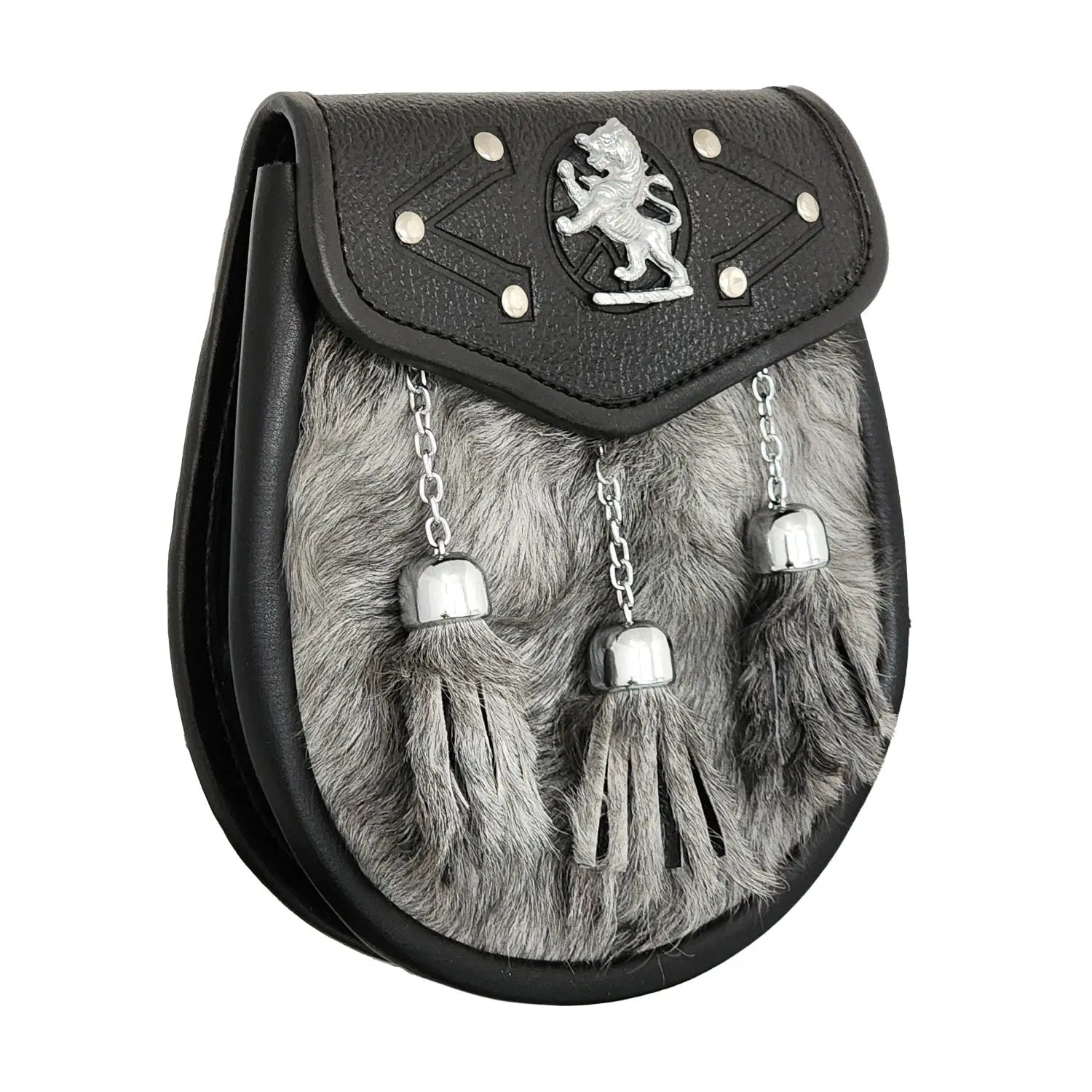 Rampant Lion St. Andrews Sporran - Black Calf Skin Leather With 3 Chain Tassels, Traditional Scottish Kilt Accessory